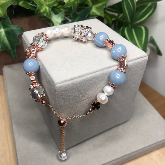 Natural Stylish Angelite and Pearl Bracelet for Calming, Angelic Communication and Courage