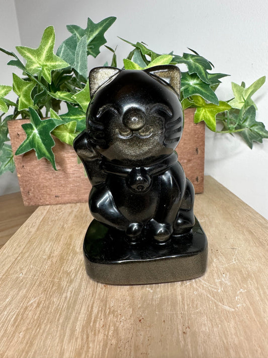 Beautiful Golden Obsidian 87mm Height Lucky Cat for Creativity, Empowerment, Purification and Purpose