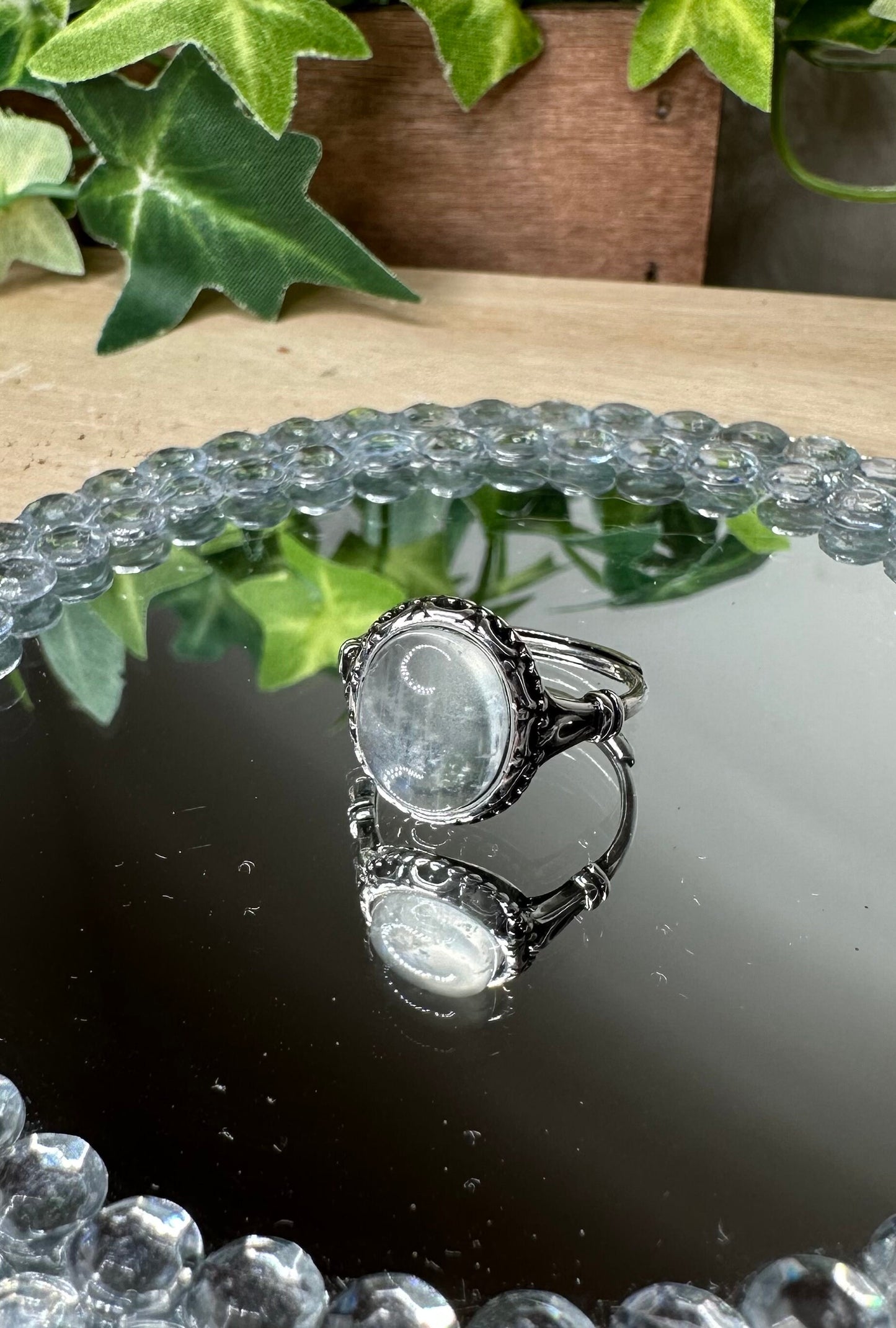 Natural Healing Moonstone Adjustable Silver Ring for Rejuvenation, Fertility and Self discovery