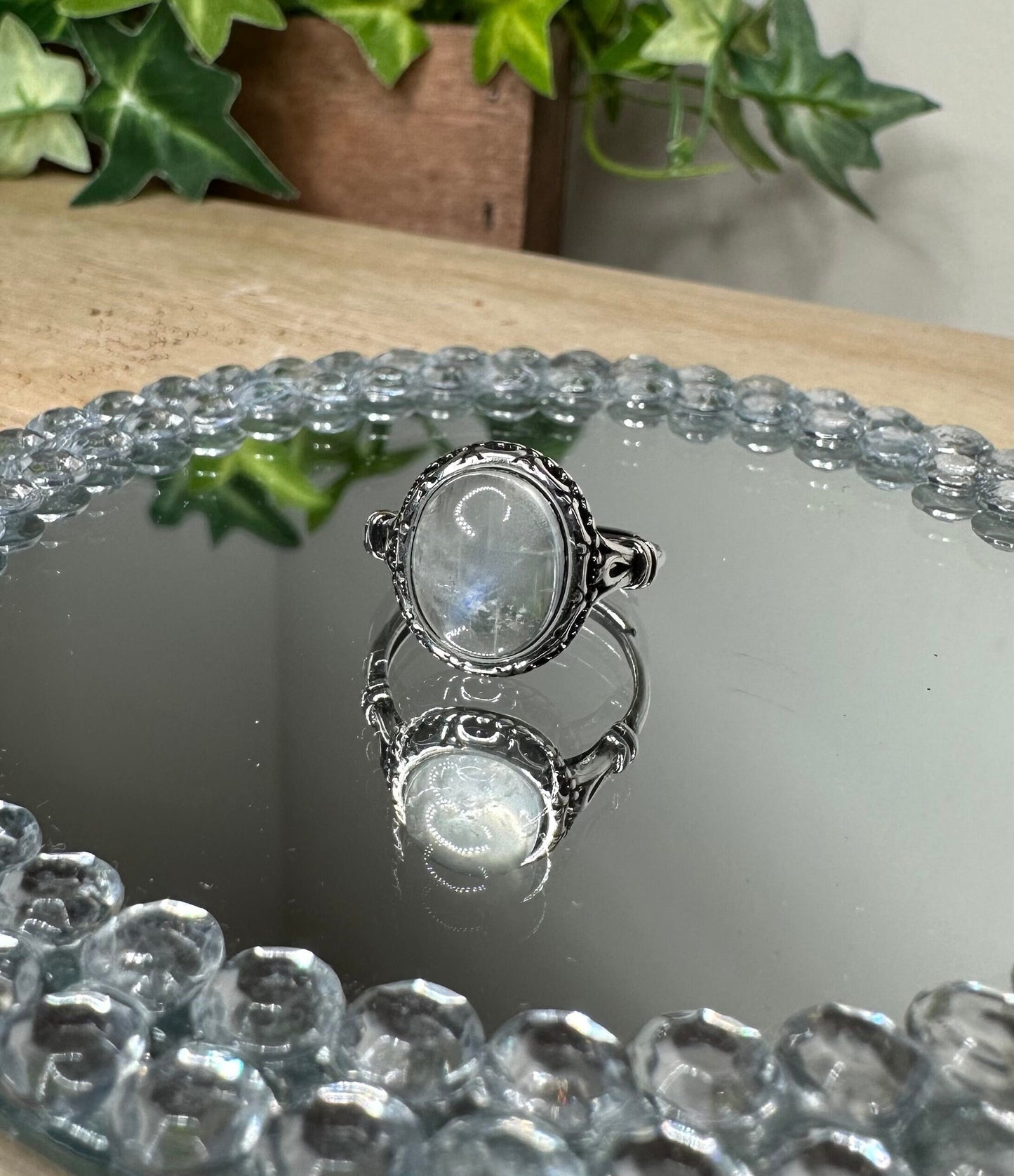 Natural Healing Moonstone Adjustable Silver Ring for Rejuvenation, Fertility and Self discovery