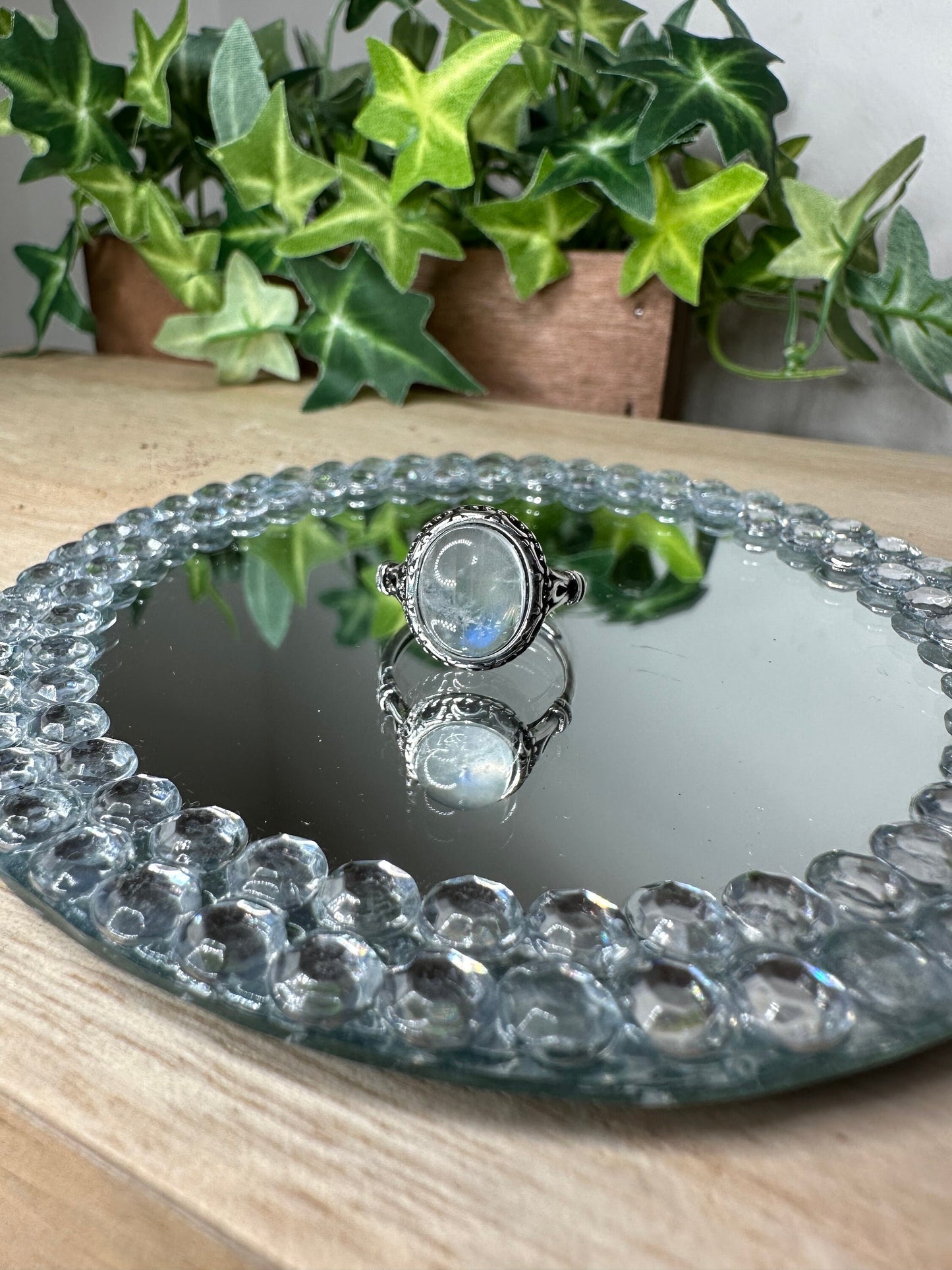 Natural Healing Moonstone Adjustable Silver Ring for Rejuvenation, Fertility and Self discovery